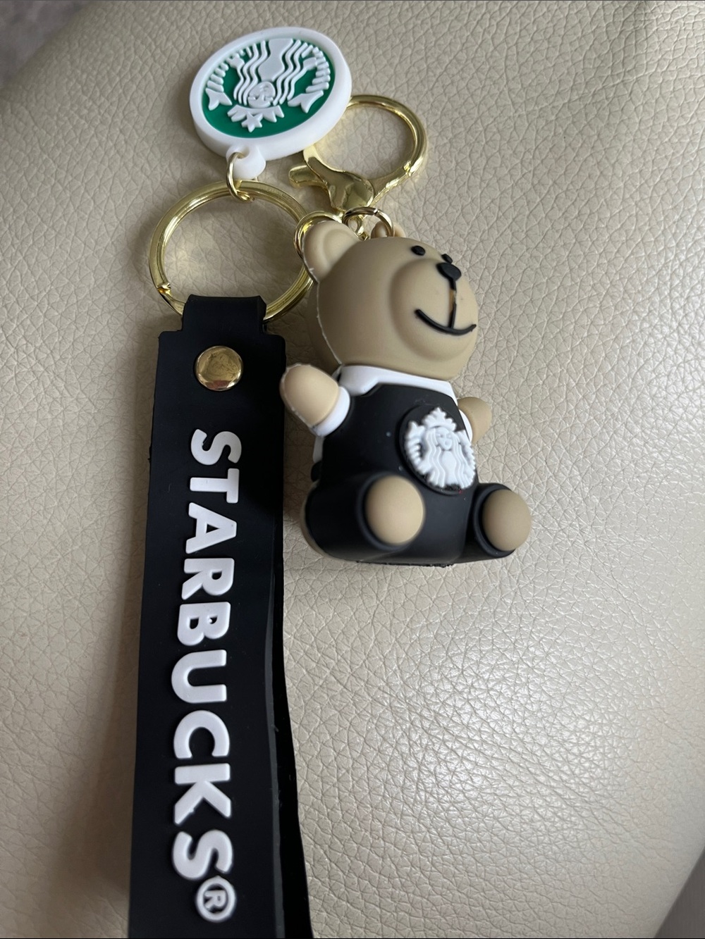 Starbucks Black & Tan Bear Keyring with Green Logo Charm!  Cute.  New. No tags.
